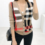 Women's V-neck geometric knit cardigan, view 2 - MRSLM