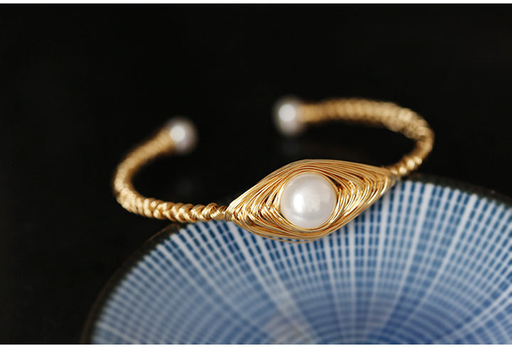 Ornament Baroque Pearl Handmade Wire Wound Bracelet With Opening