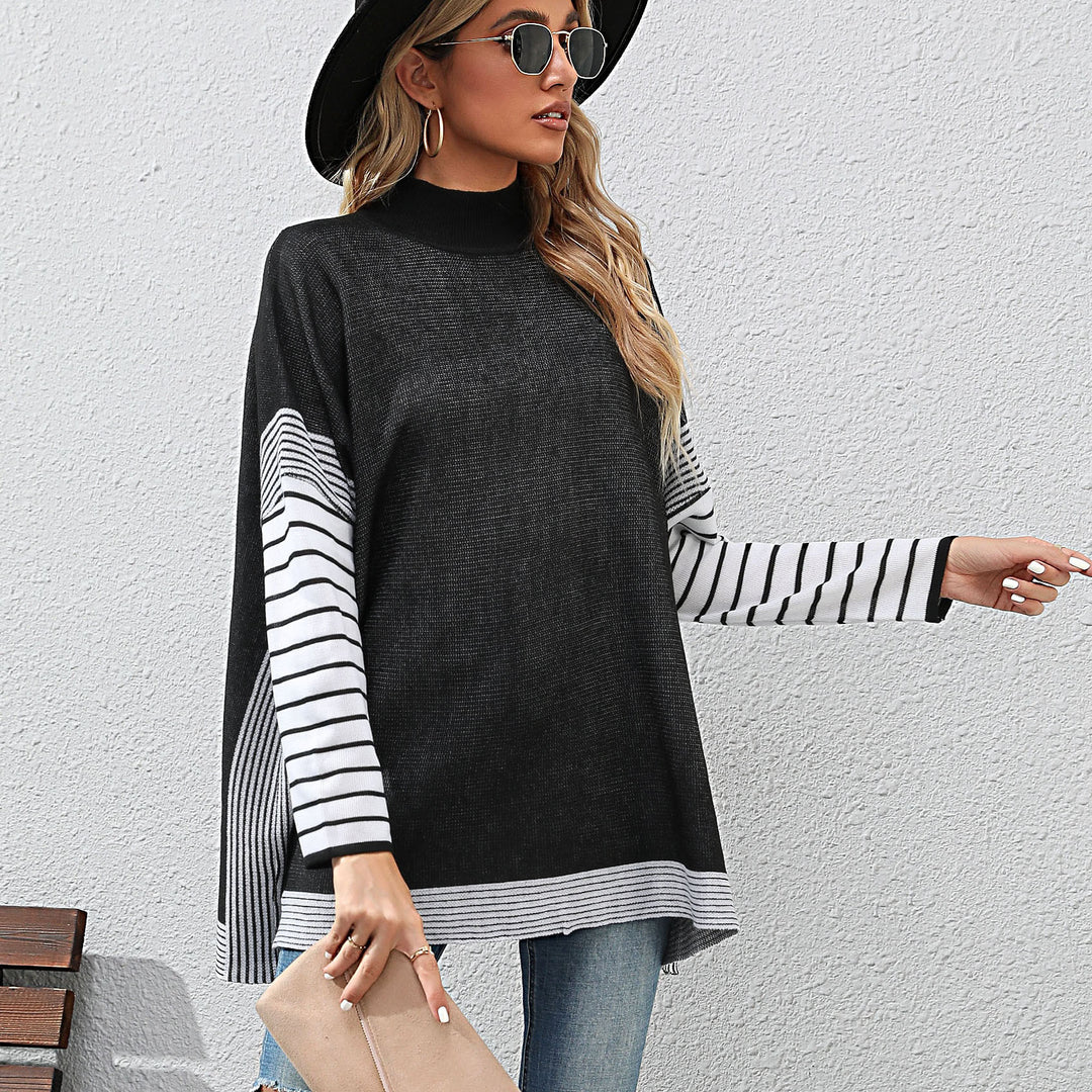 New Women's Bat Sleeve Stripe Half High Neck Sweater