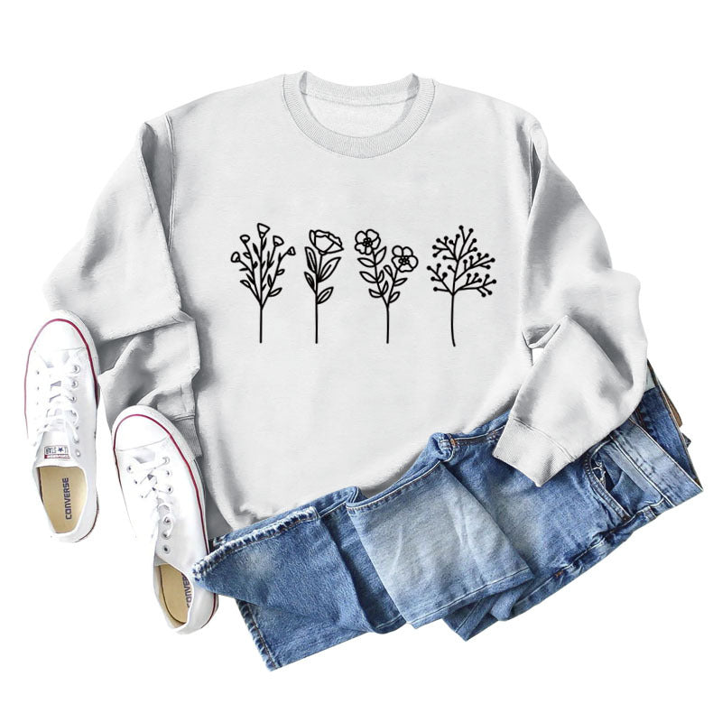 Four Flowers Printed Casual Long Sleeve Sweatshirt