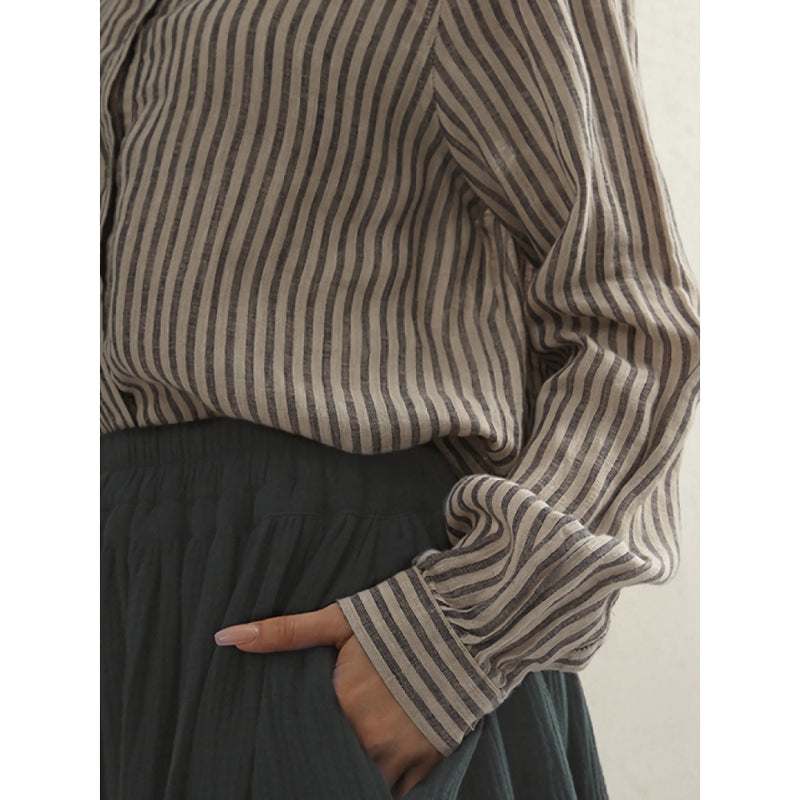 striped cotton linen long sleeve shirt, view 7 - MRSLM