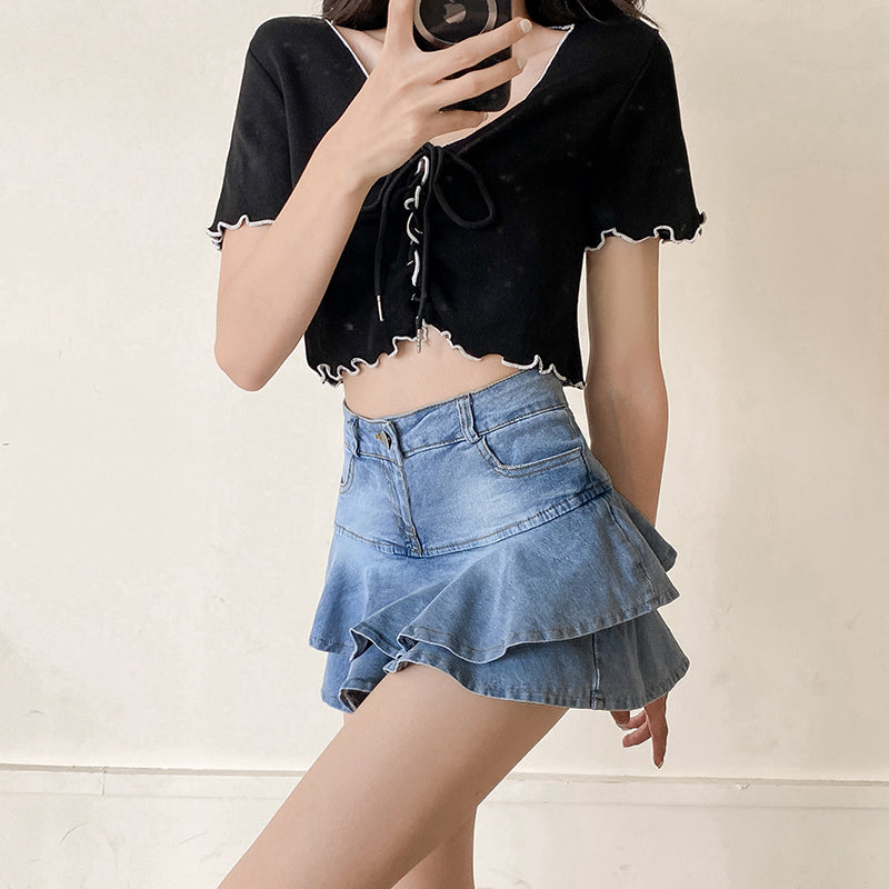 layered denim mini skirt, view 9 - MRSLM