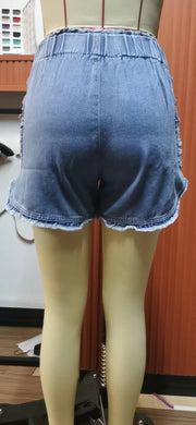 frayed lace denim elastic waist shorts, view 8 - MRSLM