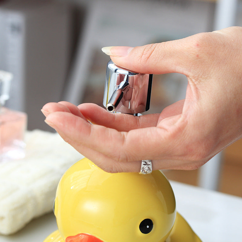 yellow duck ceramic soap dispenser with dish, view 4 - MRSLM