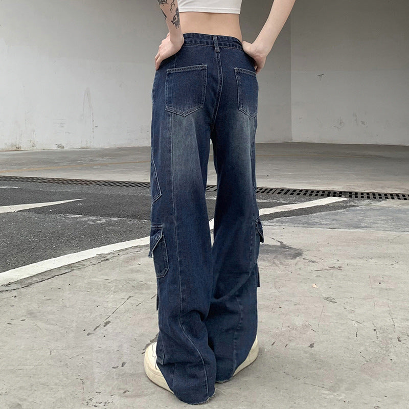 Women's Washed-out Vintage Dark Blue Denim Split Stitching Multi-pocket High Waist Straight All-matching Casual Pants