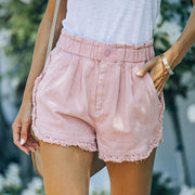 frayed lace denim elastic waist shorts - MRSLM