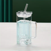 square glass cup with handle and straw, view 3 - MRSLM