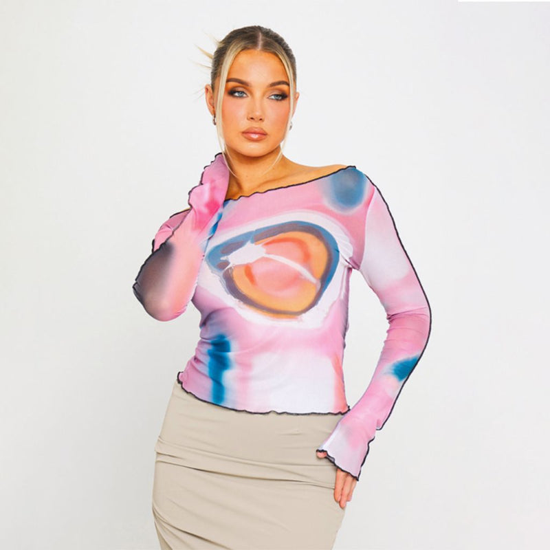 Buntes Langarm-T-Shirt mit Rüschen aus Mesh