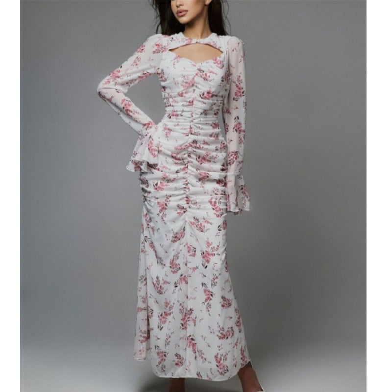 pleated floral chiffon dress, view 2 - MRSLM