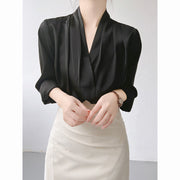 women's v-neck satin shirt top, view 4 - MRSLM