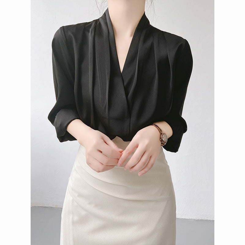women's v-neck satin shirt top, view 4 - MRSLM