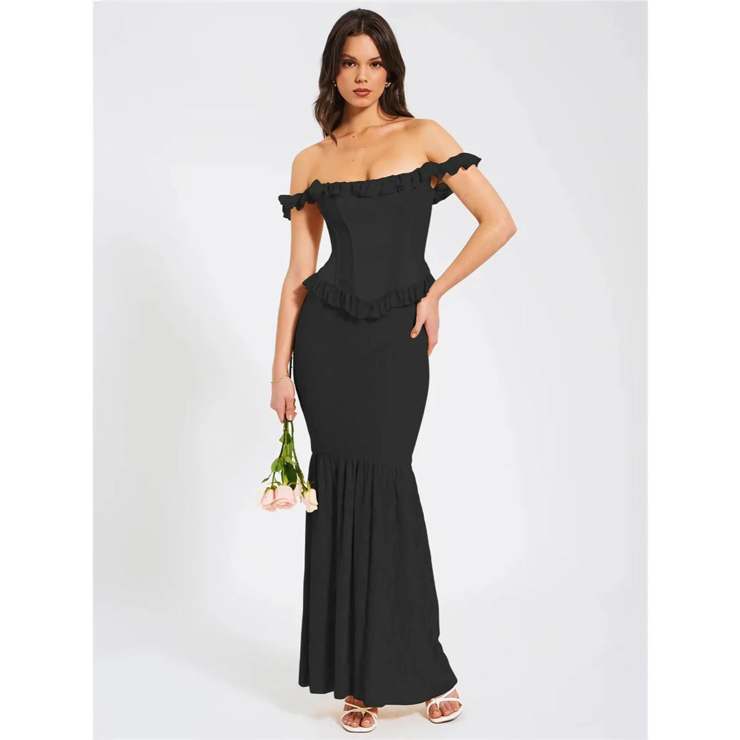 Yellow Satin Off-Shoulder Lace Corset Maxi Dress – Elegant Backless Bodycon Gown for Party