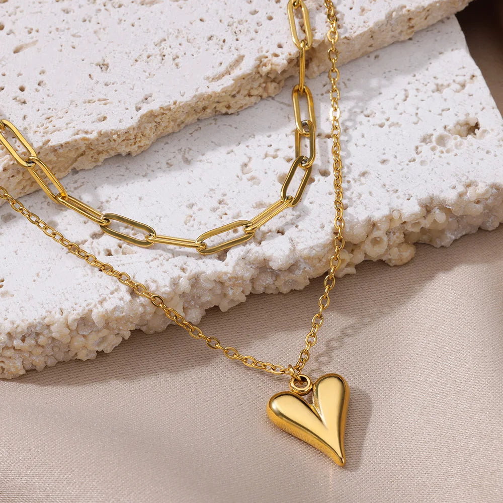 Romantic Double Layered Heart Chain Necklace
