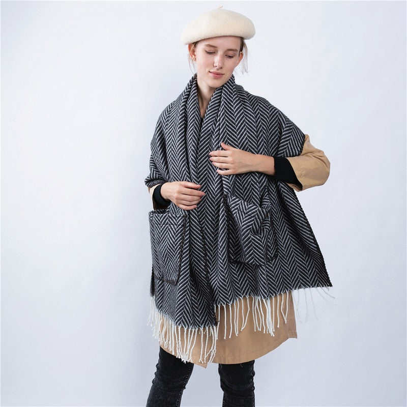 Wool fringe shawl scarf, view 5 - MRSLM
