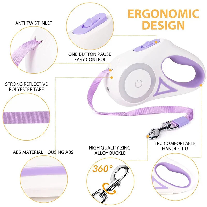 3M/5M Automatic Retractable Dog Leash with LED Light for Night Walking