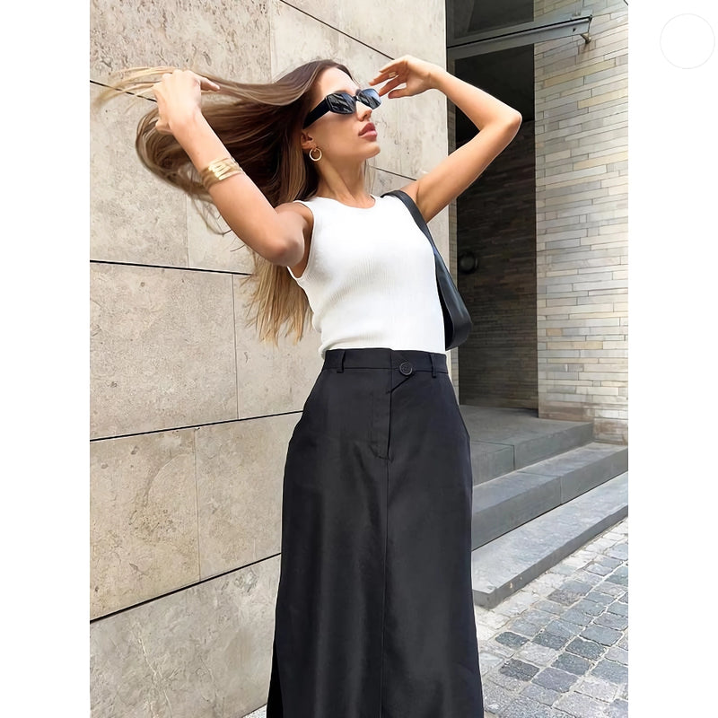 black ankle-length a-line skirt with pockets, view 4 - MRSLM