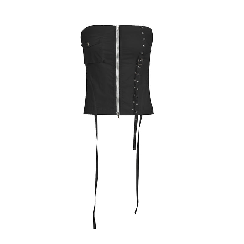 Women's Fashionable Simple Cargo Pocket Zipper Slim Fit Waist Tube Top