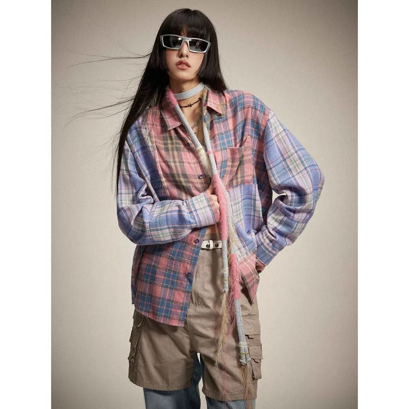 Vintage-Karobluse für Damen mit langen Ärmeln