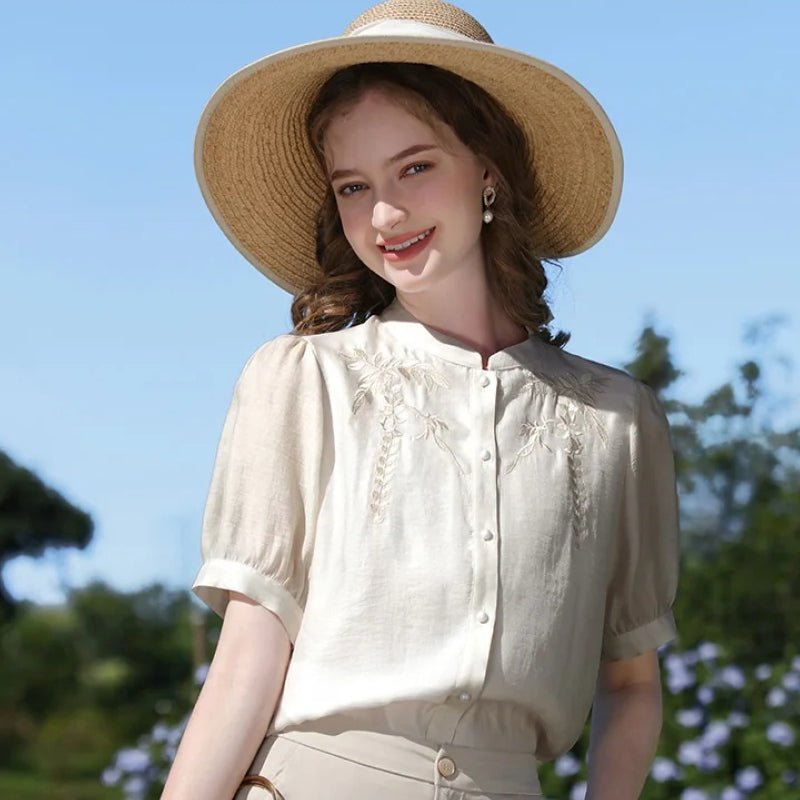 Elegante Bluse im chinesischen Stil aus Seidenmischung mit Puffärmeln