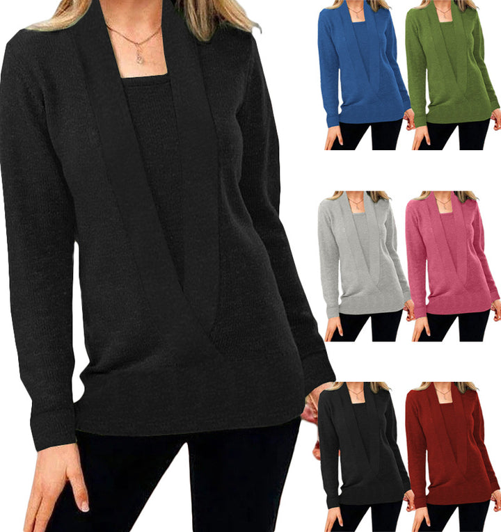 Knitted Solid Color Deep V-neck Long Sleeved Sweater For Women