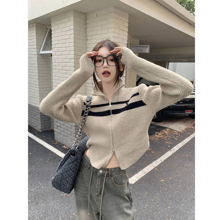 Casual Stand Collar Zipper Sweater Coat Slim Top For Women