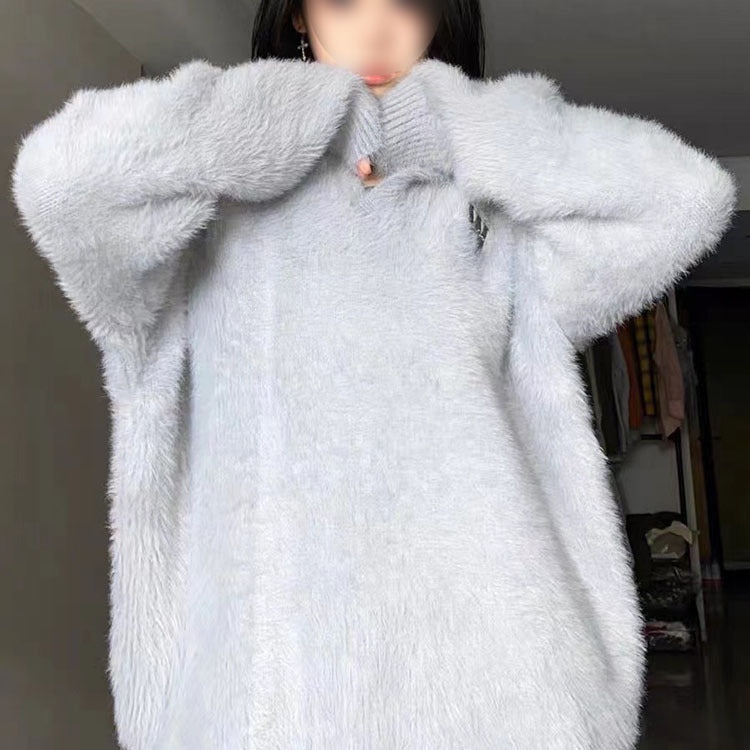 women's soft velvet polo collar sweater grey, view 2 - MRSLM
