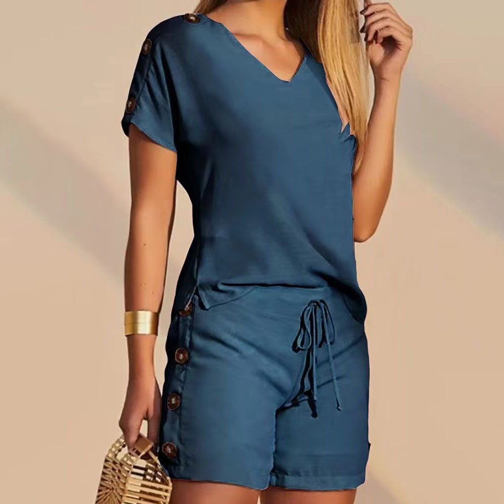 Comfortable Decorative Buttons Short-sleeved Shorts Suit