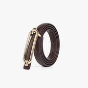 women's skinny leather belt with gold buckle, view 5 - MRSLM