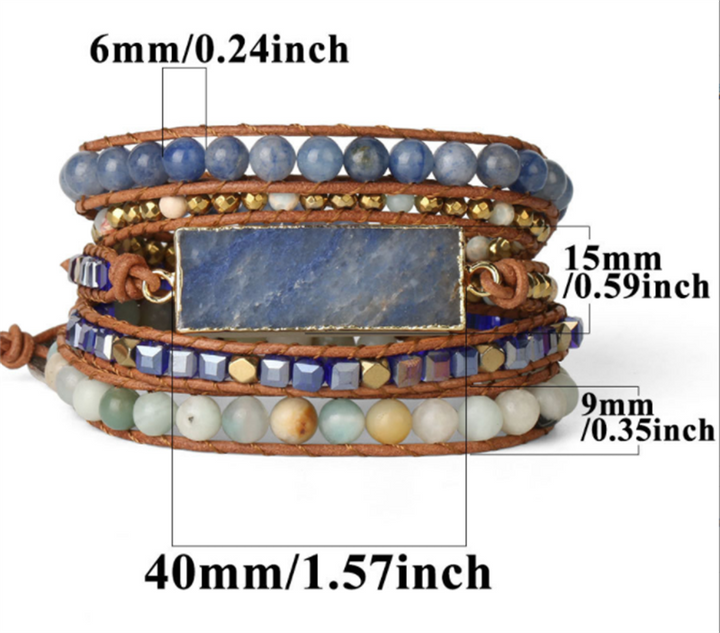 Multilayer Leather Wrap Crystal Blue Aventurine Bracelet