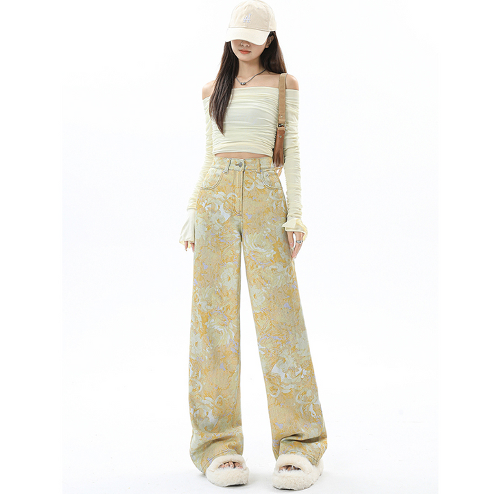 Women's Yellow Wide Leg Cargo Jeans