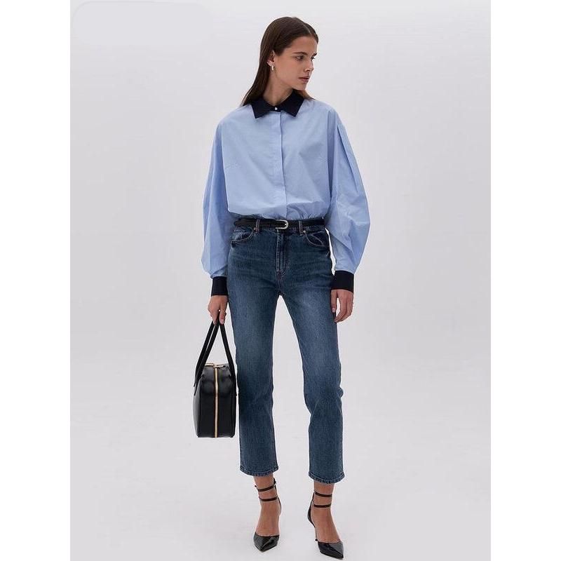 Elegant Blue Patchwork Office Blouse