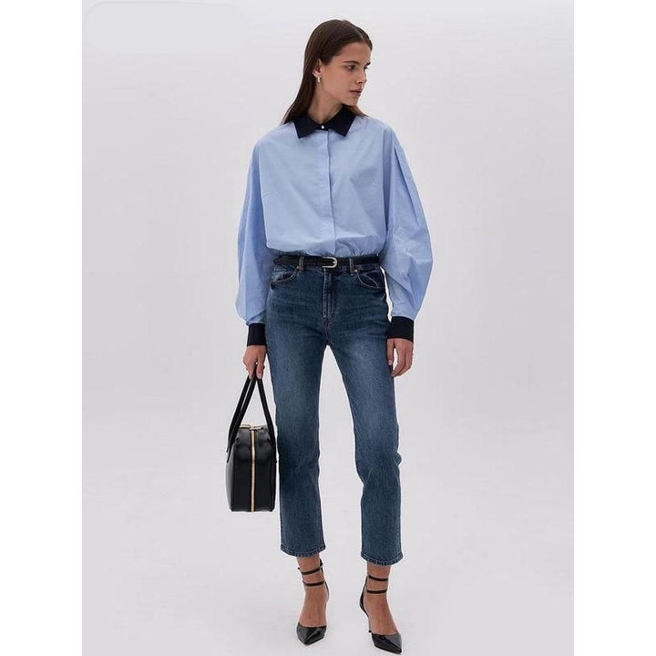 Elegant Blue Patchwork Office Blouse