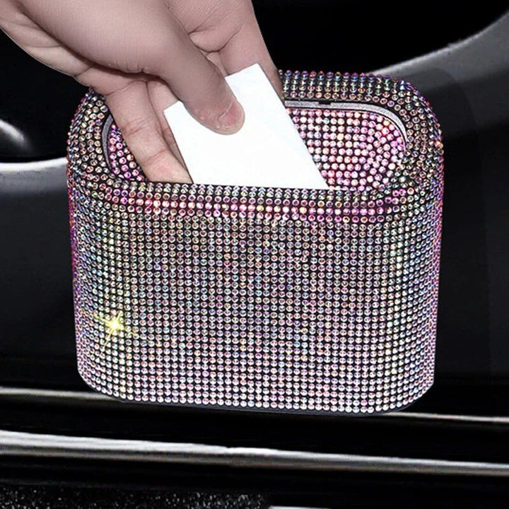 Luxurious Rhinestone Car Trash Bin - Pressing Type Square Storage Bucket