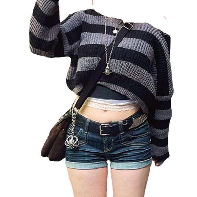Missing Shoulder Crop Loose Spice Girl Knit Women's Striped Bump Color Top