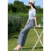 light blue embroidered high-waisted jeans, view 4 - MRSLM