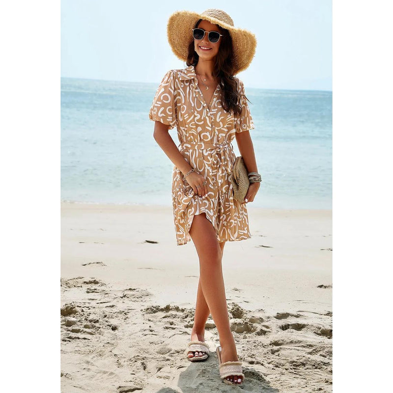 printed short sleeve A-line dress, view 15 - MRSLM