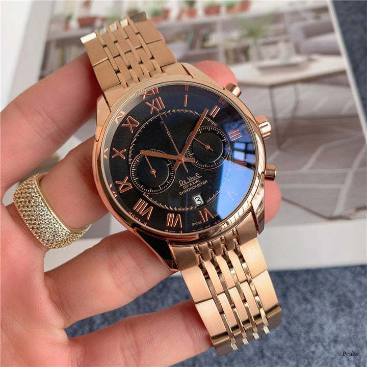 Fashionable Stainless Steel Band Multi-Function Five-Hand Calendar Trendy Casual Watch