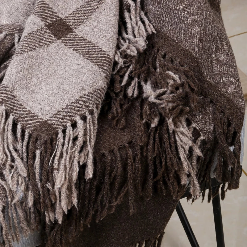 wool plaid scarf shawl in coffee beige, view 6 - MRSLM