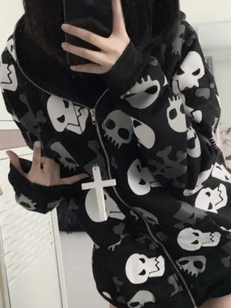 Dark Wind Skull Cardigan Hoodie Oversize Loose Hooded Zipper Thin Style Coat