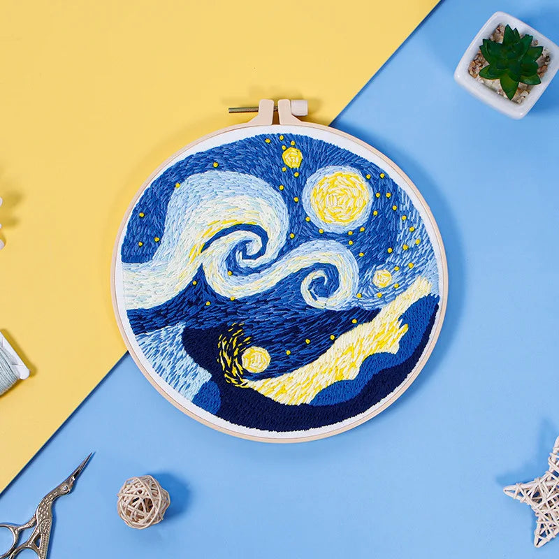Kit inicial de bordado com padrão da Noite Estrelada de Van Gogh