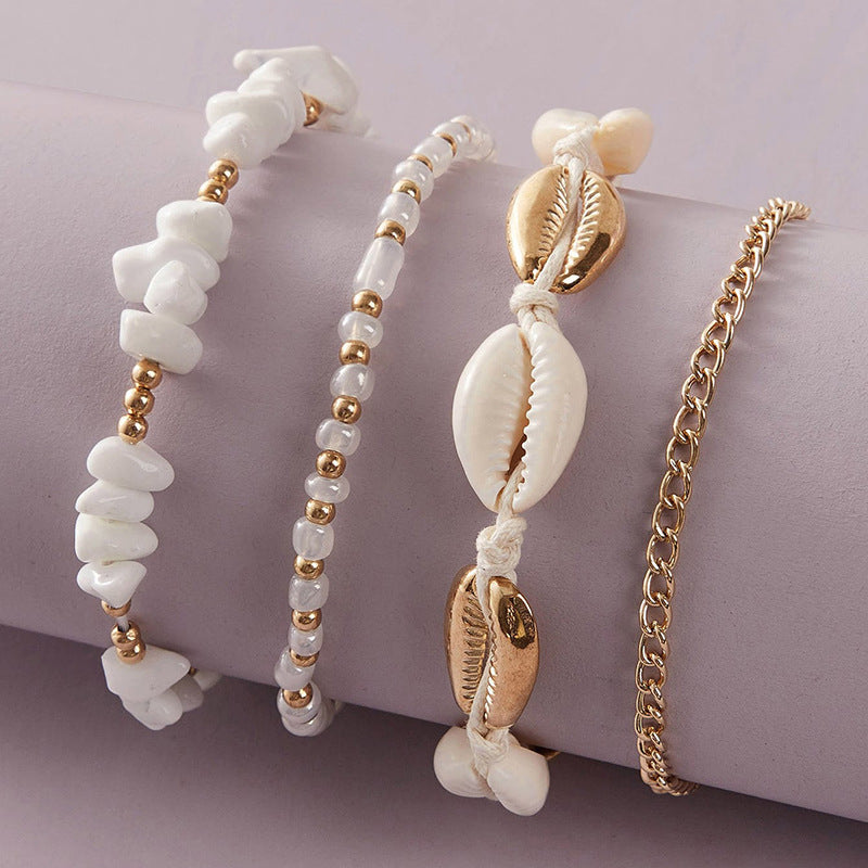 Boho Shell Charm and Crushed Stone Anklet Set