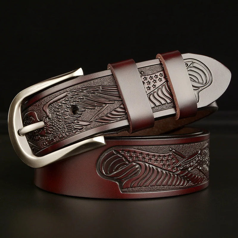men's retro cowhide leather belt eagle carving, view 4 - MRSLM