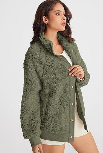 Women's Button-Front Sherpa Jacket with Pockets