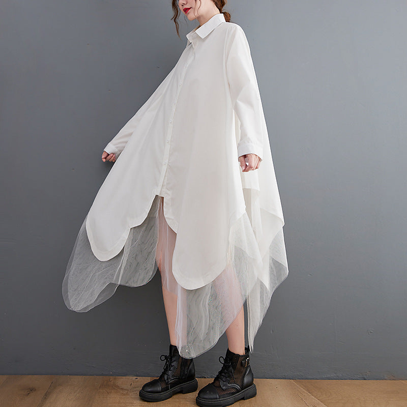 Loose False Two Pieces Large Swing Irregular Stitching Double-layer Mesh Shirt Dress