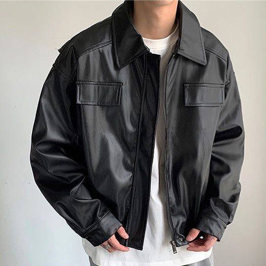 Casaco de couro vintage para motociclista masculino, outono