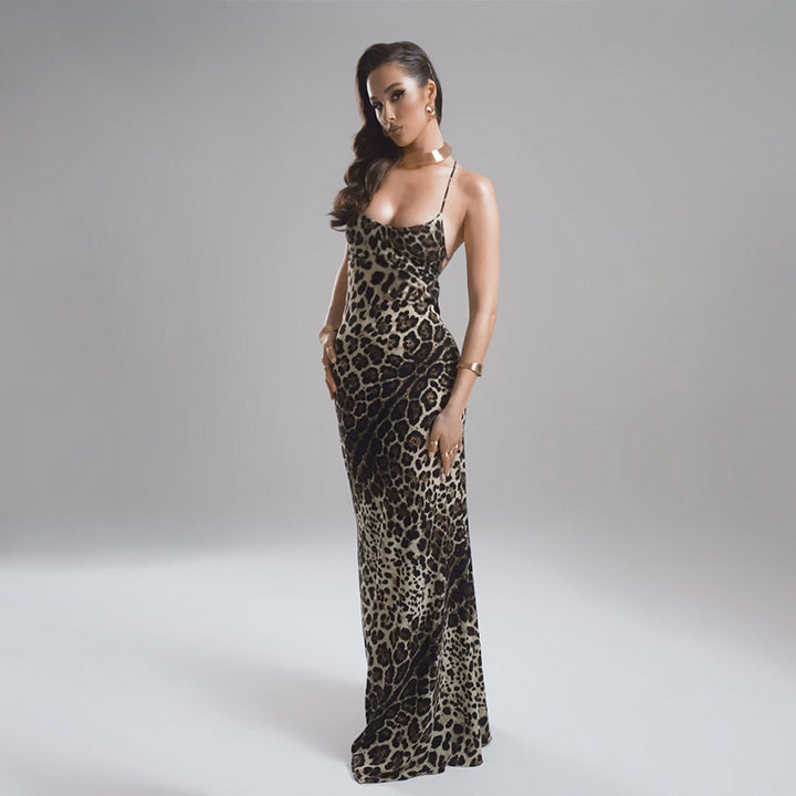 European And American Style Sexy Leopard Print Backless Lace Up Dress