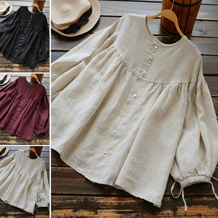 Women's Long Sleeve Crew Neck Button-Down Cotton Blouse - Vintage & Casual Wear