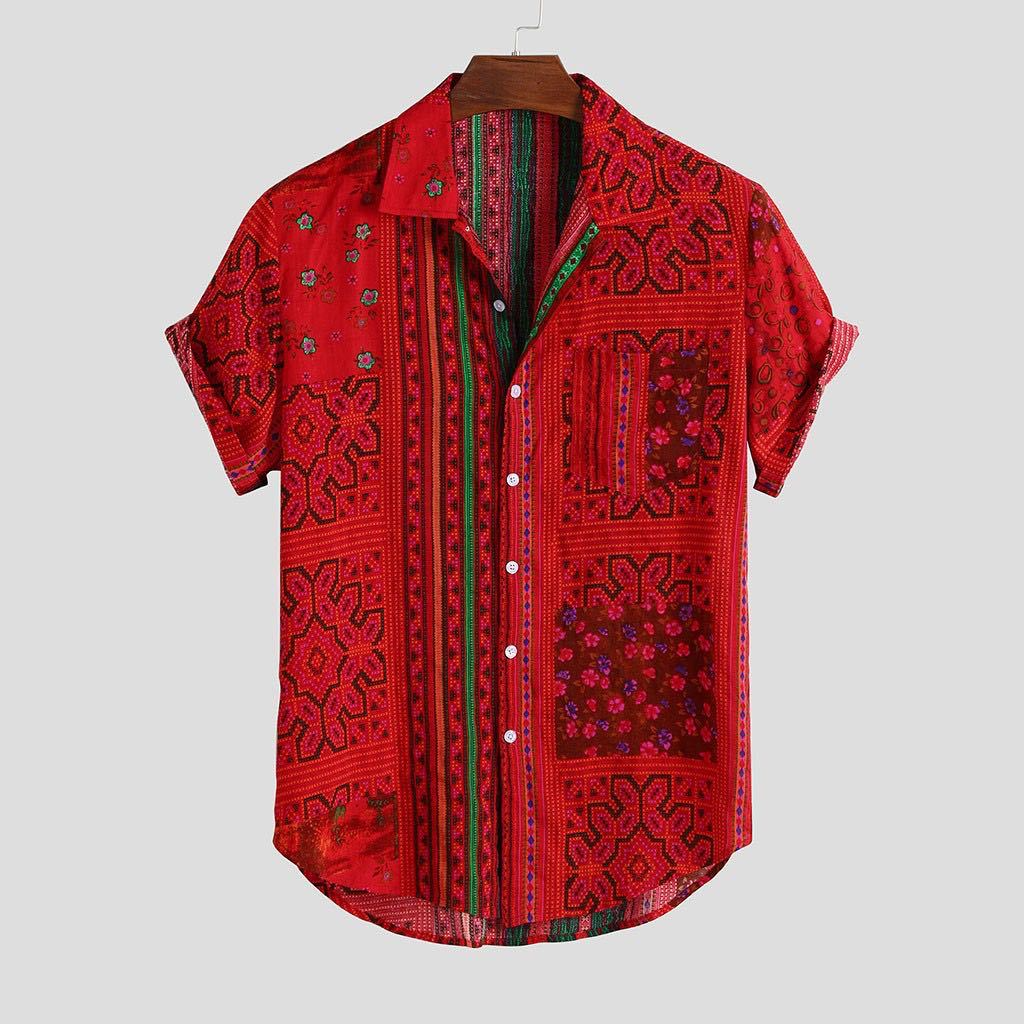 Camisas casuales sueltas de estilo étnico de manga corta de verano con estampado rojo para hombre