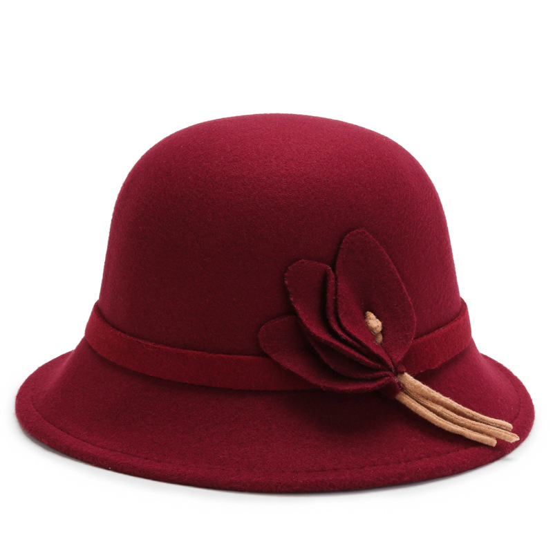 Sombreros de fieltro con ala de hojas para mujer, sombreros de poliéster a la moda de 57cm, sombreros de iglesia para mujer con piel LQJ01140