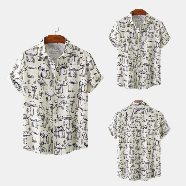 Camisa de manga corta con solapa y estampado de setas de dibujos animados para hombre